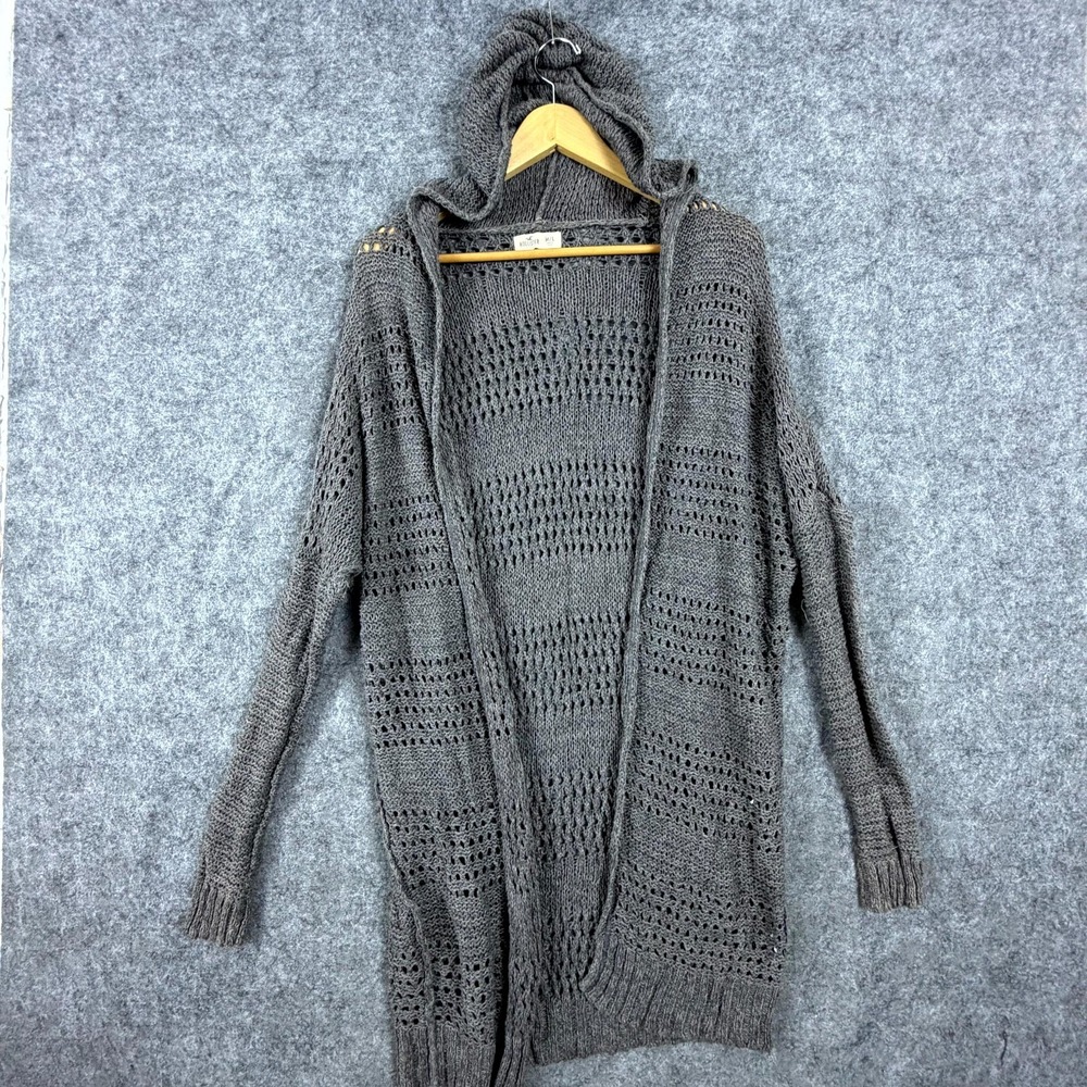 Hollister Hooded Cardigan Sweater Women M/L Gray Y2K Open Front Festival Crochet